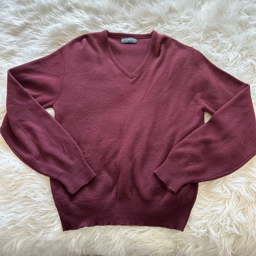 PURITAN Vtg 80s USA Orlon Acrylic Red‎ Knit V Neck SWEATER MEN'S L Large